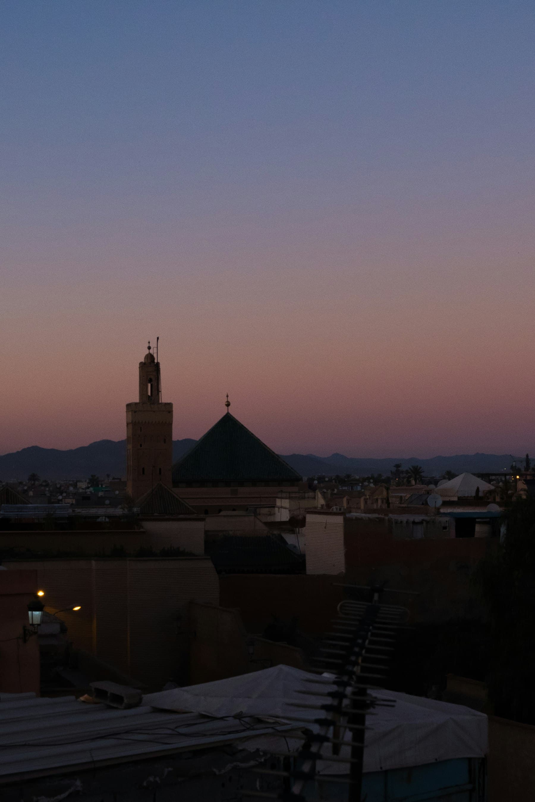 Marrakech medina skyline under warm evening light
