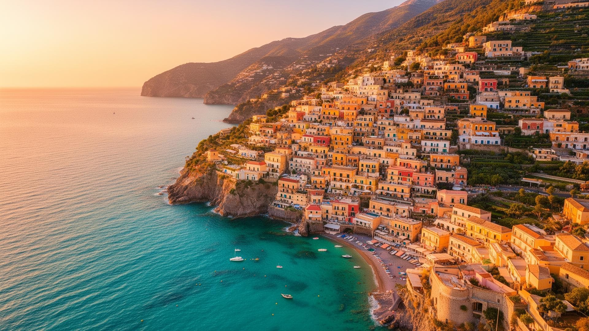 Coastal hillside town above the sea at golden hour